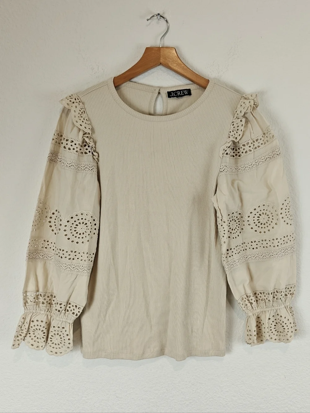 J.Crew Nwot Vintage Rib Ruffle‑Trim Eyelet Long Sleeve Top — Beige, Size S